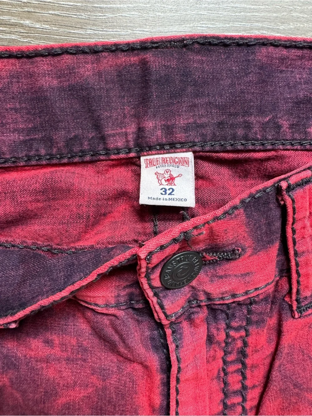 True Religion Red and Black Acid-Wash Denim Shorts